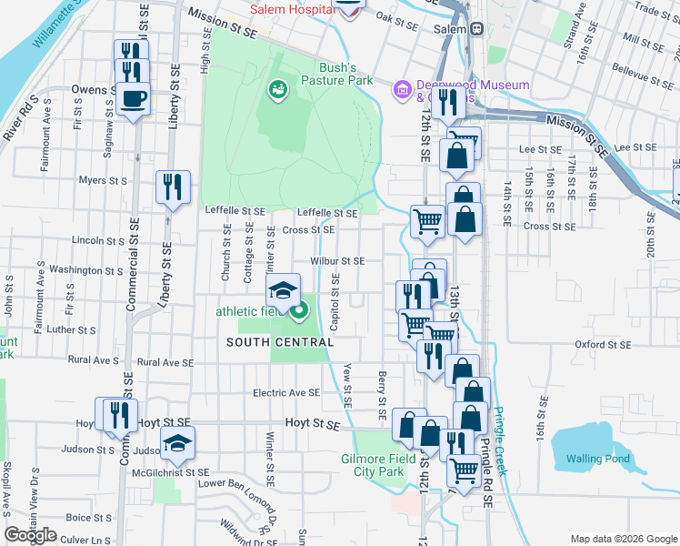 map of restaurants, bars, coffee shops, grocery stores, and more near 1020 Howard Street Southeast in Salem