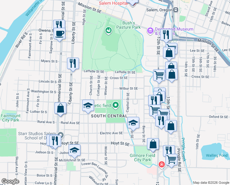 map of restaurants, bars, coffee shops, grocery stores, and more near 1780 Davidson Street Southeast in Salem