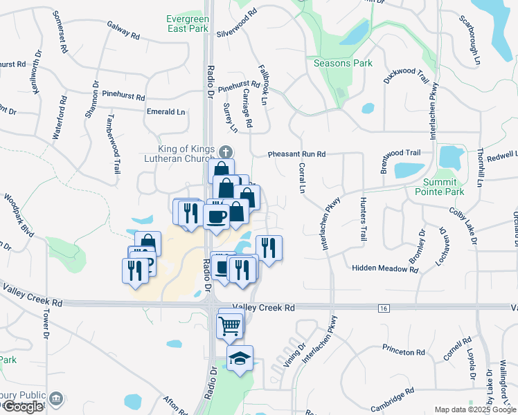 map of restaurants, bars, coffee shops, grocery stores, and more near 1810 Donegal Drive in Woodbury