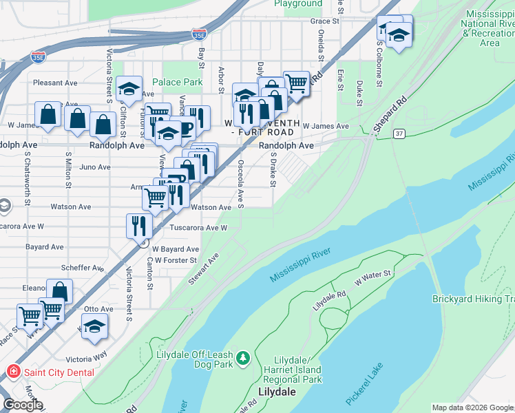 map of restaurants, bars, coffee shops, grocery stores, and more near 656 Watson Avenue in Saint Paul
