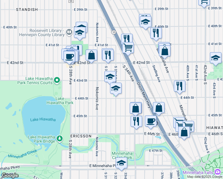 map of restaurants, bars, coffee shops, grocery stores, and more near 4401 East 44th Street in Minneapolis