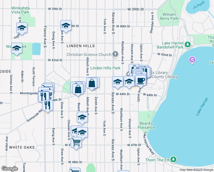 map of restaurants, bars, coffee shops, grocery stores, and more near 3114 West 44th Street in Minneapolis