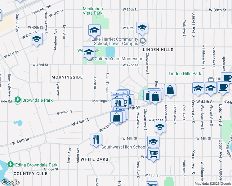 map of restaurants, bars, coffee shops, grocery stores, and more near 4247 Scott Terrace in Minneapolis
