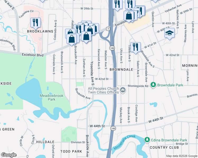 map of restaurants, bars, coffee shops, grocery stores, and more near 4227 Yosemite Avenue South in Minneapolis