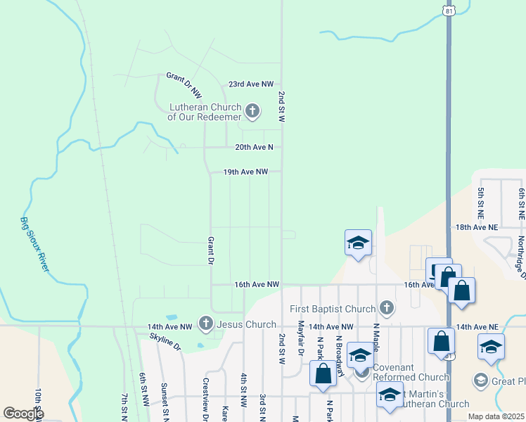 map of restaurants, bars, coffee shops, grocery stores, and more near 1722 2nd Street West in Watertown