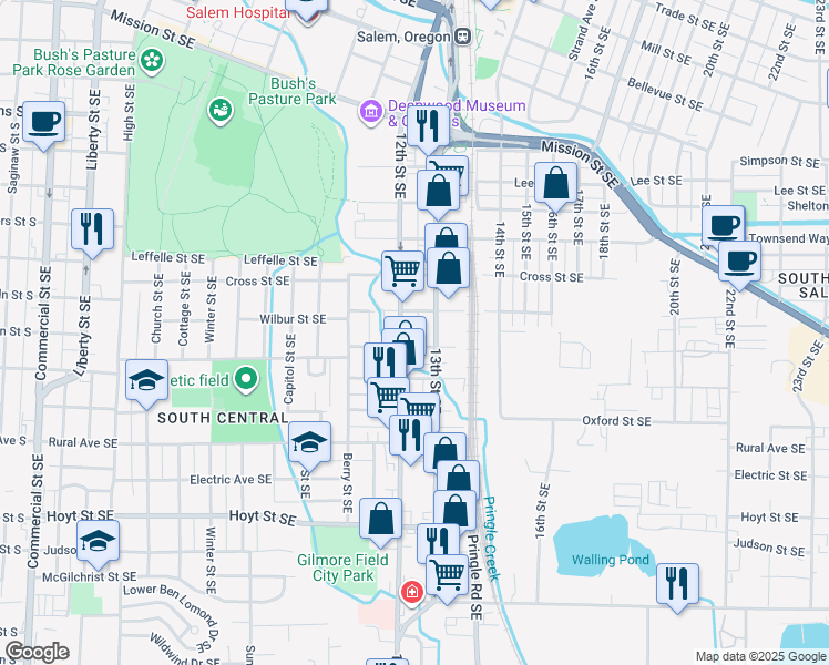 map of restaurants, bars, coffee shops, grocery stores, and more near 1240 Howard Street Southeast in Salem