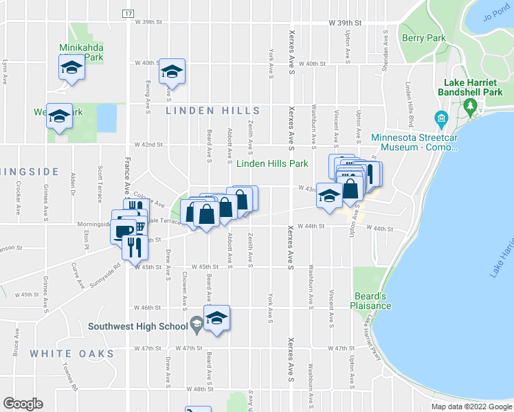 map of restaurants, bars, coffee shops, grocery stores, and more near 3218 West 44th Street in Minneapolis