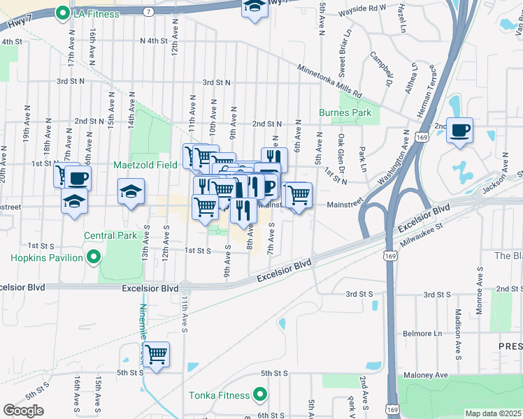 map of restaurants, bars, coffee shops, grocery stores, and more near 17 8th Avenue South in Hopkins