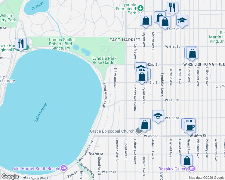 map of restaurants, bars, coffee shops, grocery stores, and more near 4300 Fremont Avenue South in Minneapolis