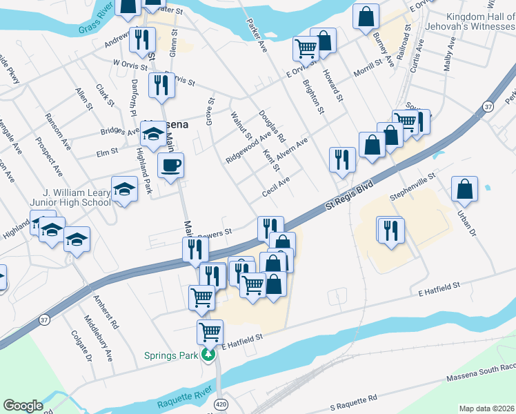 map of restaurants, bars, coffee shops, grocery stores, and more near 5 Cecil Avenue in Massena