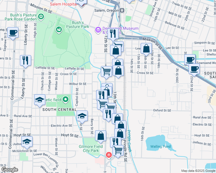 map of restaurants, bars, coffee shops, grocery stores, and more near 1215 Wilbur Street Southeast in Salem
