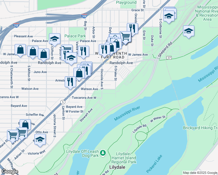 map of restaurants, bars, coffee shops, grocery stores, and more near 656 Armstrong Avenue West in Saint Paul
