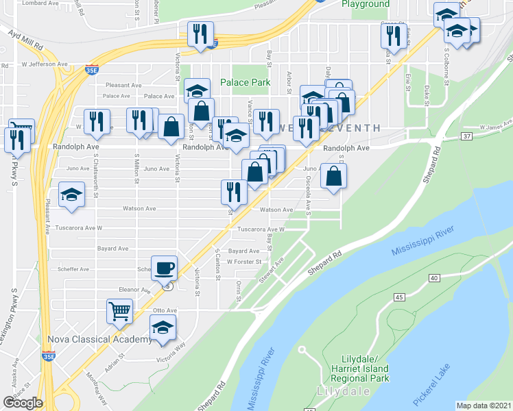 map of restaurants, bars, coffee shops, grocery stores, and more near 763 Armstrong Avenue West in Saint Paul