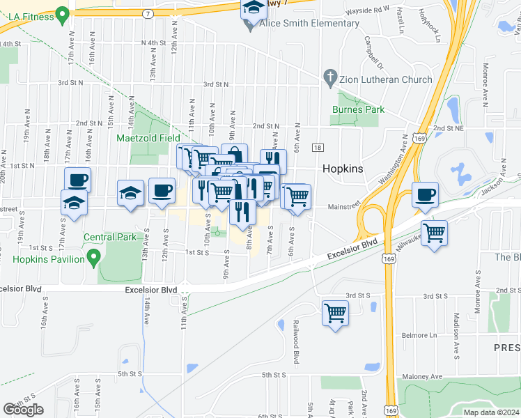 map of restaurants, bars, coffee shops, grocery stores, and more near 15 8th Avenue North in Hopkins