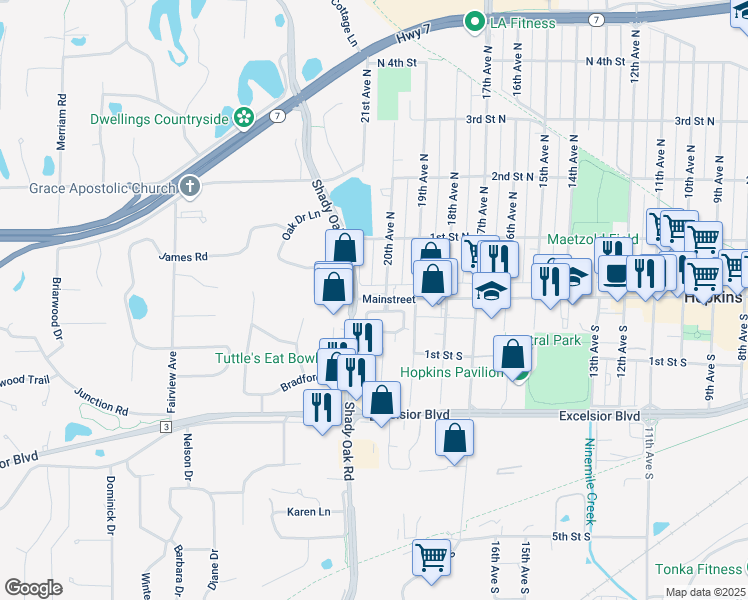 map of restaurants, bars, coffee shops, grocery stores, and more near 20 20th Avenue North in Hopkins
