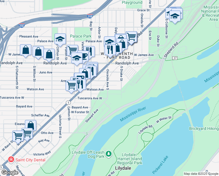 map of restaurants, bars, coffee shops, grocery stores, and more near 671 Watson Avenue in Saint Paul