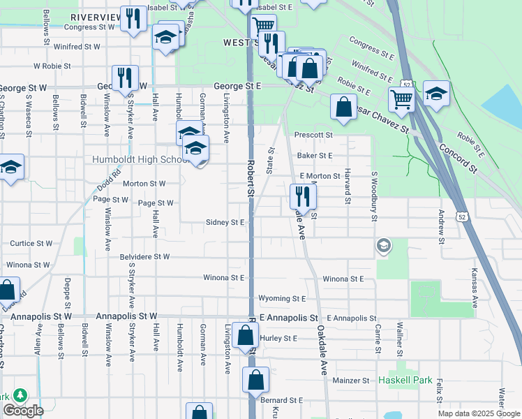 map of restaurants, bars, coffee shops, grocery stores, and more near 141 Page Street East in Saint Paul