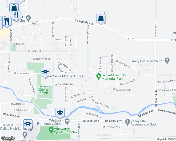 map of restaurants, bars, coffee shops, grocery stores, and more near 520 Southeast Hawthorne Avenue in Dallas