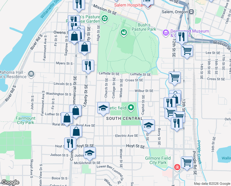 map of restaurants, bars, coffee shops, grocery stores, and more near 728 Wilbur Street Southeast in Salem