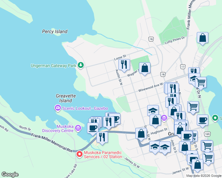 map of restaurants, bars, coffee shops, grocery stores, and more near 575 Wagner Street in Gravenhurst