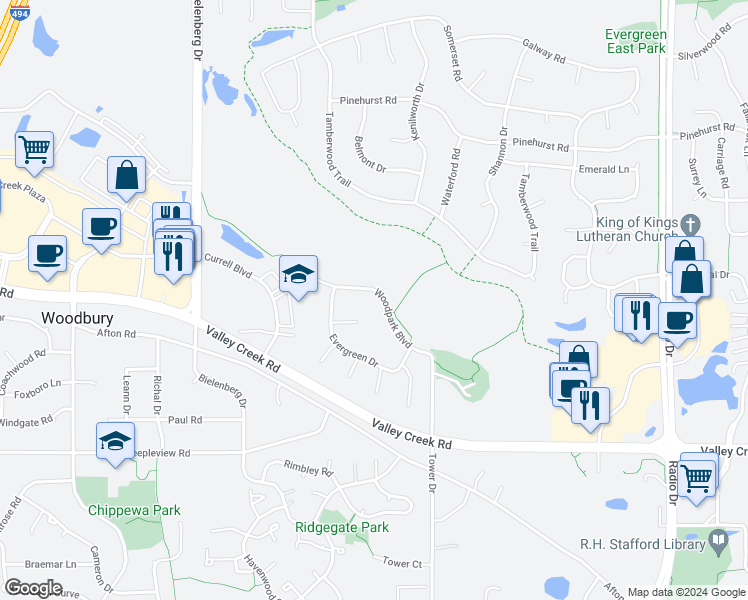 map of restaurants, bars, coffee shops, grocery stores, and more near 7849 Woodpark Boulevard in Saint Paul