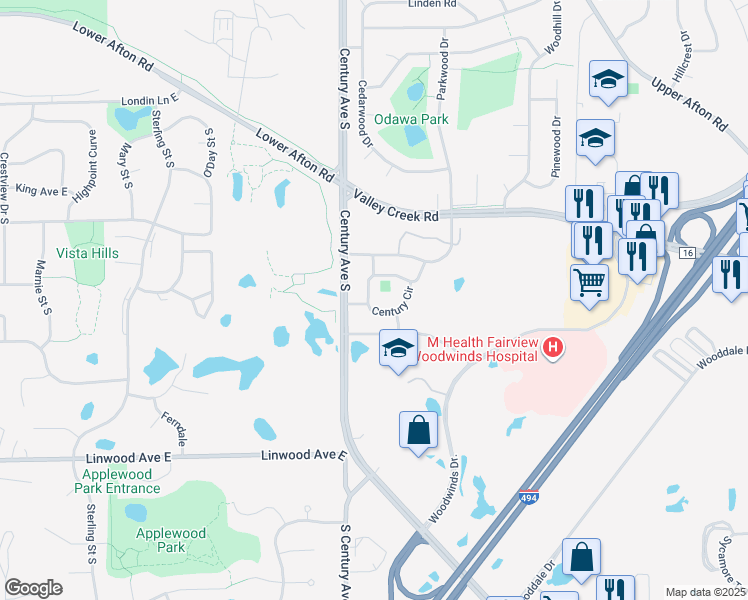 map of restaurants, bars, coffee shops, grocery stores, and more near 1671 Century Circle in Woodbury