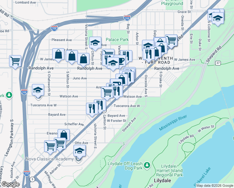 map of restaurants, bars, coffee shops, grocery stores, and more near 763 Armstrong Avenue West in Saint Paul