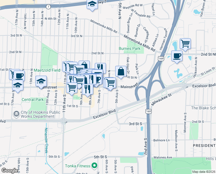 map of restaurants, bars, coffee shops, grocery stores, and more near 604 Mainstreet in Hopkins