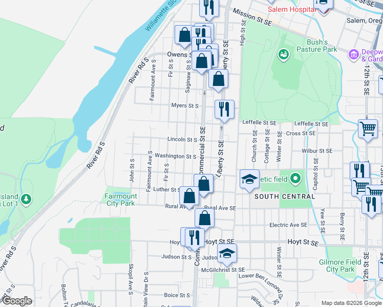 map of restaurants, bars, coffee shops, grocery stores, and more near 155 Washington Street South in Salem