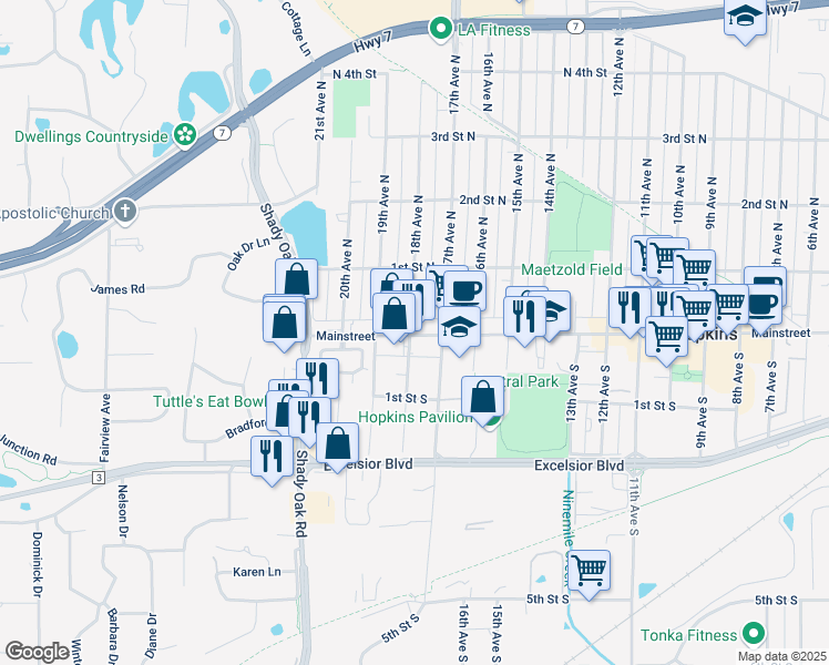 map of restaurants, bars, coffee shops, grocery stores, and more near 1725 Mainstreet in Hopkins