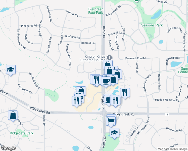 map of restaurants, bars, coffee shops, grocery stores, and more near 1724 Donegal Drive in Woodbury