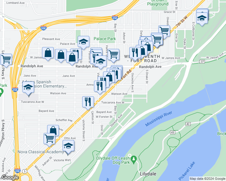 map of restaurants, bars, coffee shops, grocery stores, and more near 1128 7th Street West in Saint Paul