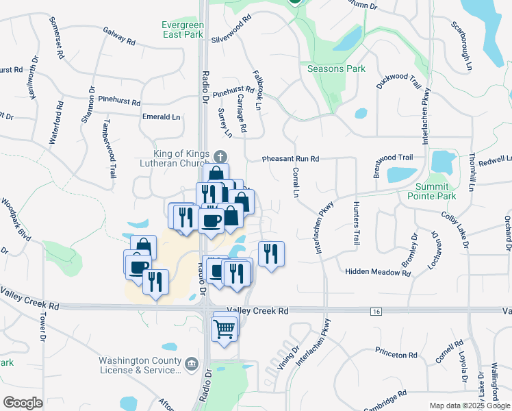map of restaurants, bars, coffee shops, grocery stores, and more near 1750 Donegal Drive in Woodbury
