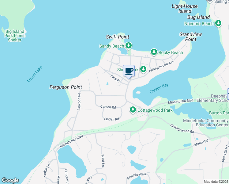 map of restaurants, bars, coffee shops, grocery stores, and more near 20345 Park Place in Excelsior