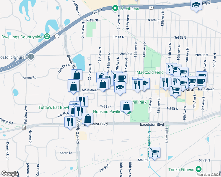 map of restaurants, bars, coffee shops, grocery stores, and more near 1725 Mainstreet in Hopkins