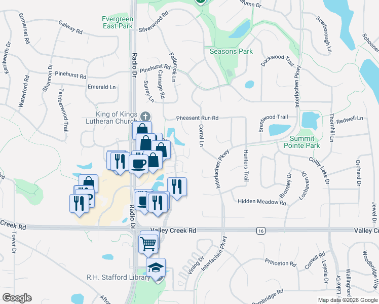 map of restaurants, bars, coffee shops, grocery stores, and more near 1765 Donegal Drive in Woodbury