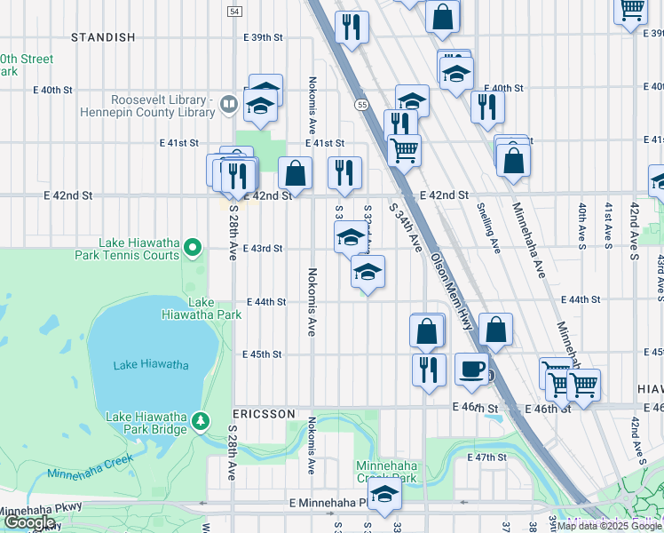 map of restaurants, bars, coffee shops, grocery stores, and more near 4301 Nokomis Avenue in Minneapolis