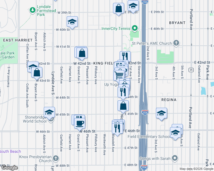 map of restaurants, bars, coffee shops, grocery stores, and more near 4300 Wentworth Avenue in Minneapolis
