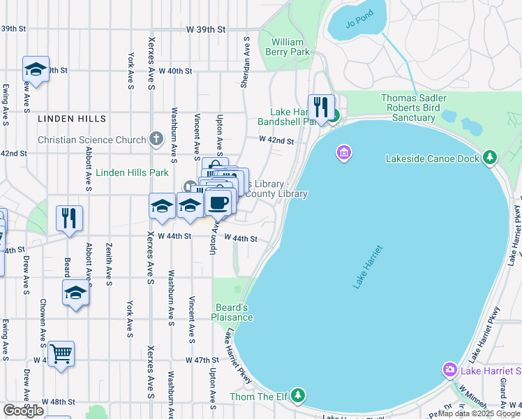 map of restaurants, bars, coffee shops, grocery stores, and more near 4301 Linden Hills Boulevard in Minneapolis