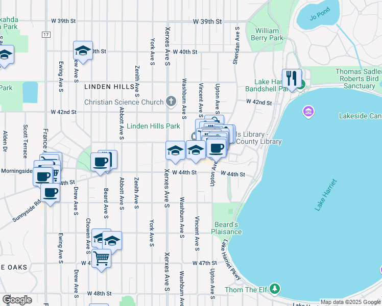 map of restaurants, bars, coffee shops, grocery stores, and more near 2900 West 43rd Street in Minneapolis