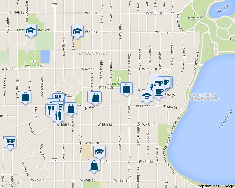 map of restaurants, bars, coffee shops, grocery stores, and more near 4301 Zenith Avenue South in Minneapolis
