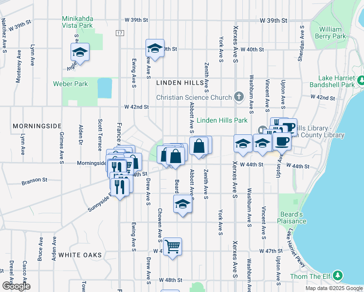 map of restaurants, bars, coffee shops, grocery stores, and more near 4300 Beard Avenue South in Minneapolis