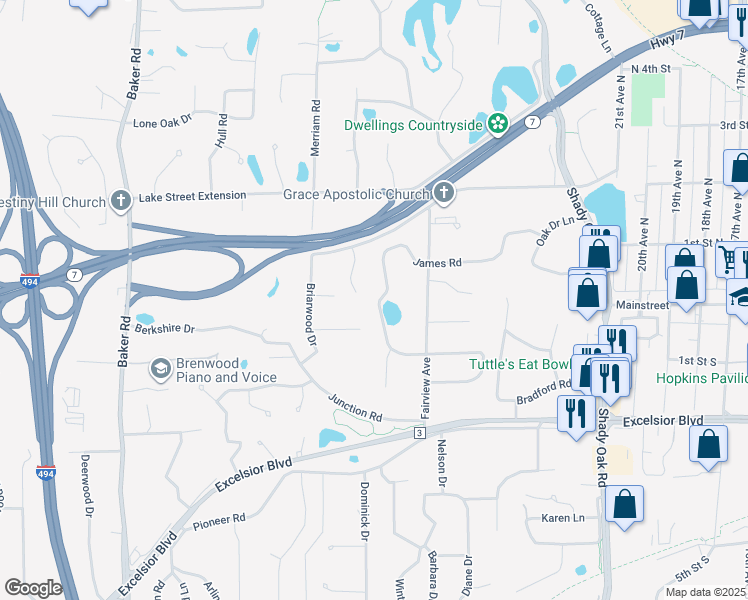 map of restaurants, bars, coffee shops, grocery stores, and more near 12424 James Road in Hopkins