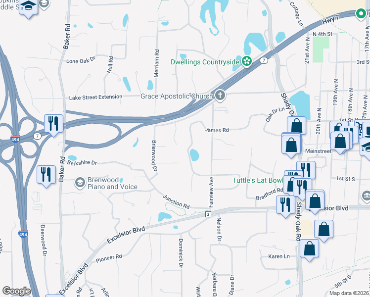 map of restaurants, bars, coffee shops, grocery stores, and more near 12424 James Road in Hopkins