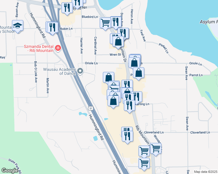 map of restaurants, bars, coffee shops, grocery stores, and more near 3600 Rib Mountain Drive in Wausau