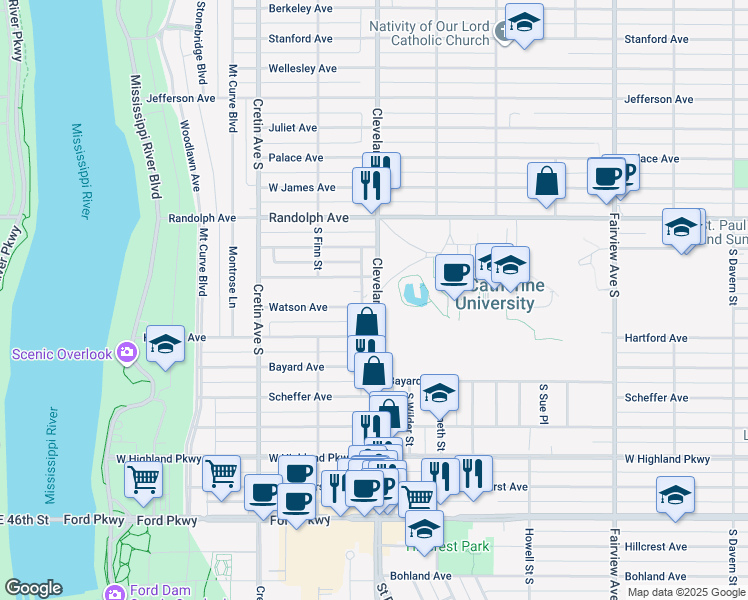 map of restaurants, bars, coffee shops, grocery stores, and more near 555 Cleveland Avenue South in Saint Paul