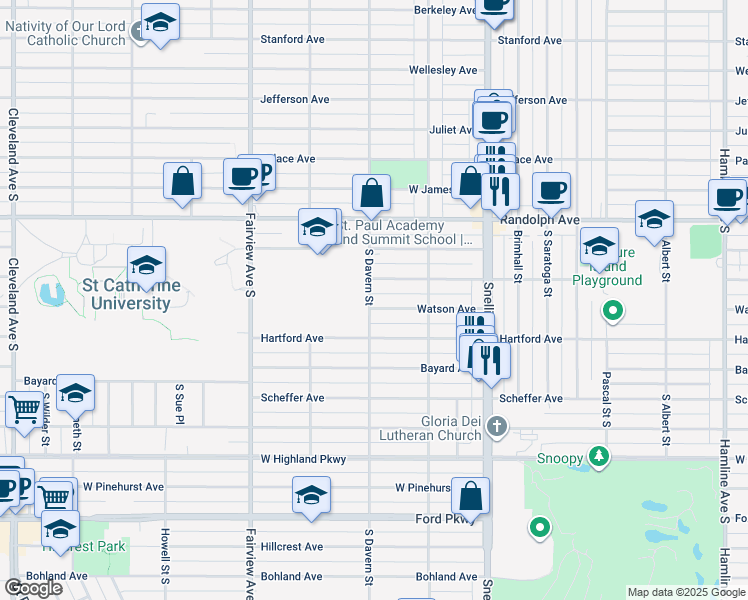 map of restaurants, bars, coffee shops, grocery stores, and more near 1697 Watson Avenue in Saint Paul