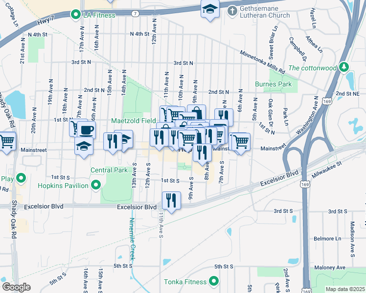 map of restaurants, bars, coffee shops, grocery stores, and more near 915 Mainstreet in Minnetonka