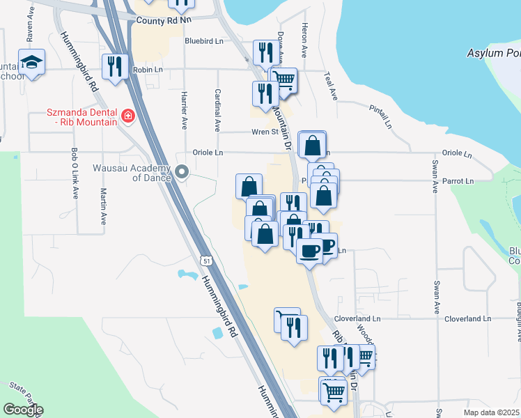 map of restaurants, bars, coffee shops, grocery stores, and more near 3600 Rib Mountain Drive in Wausau