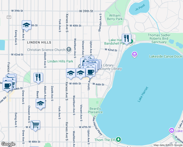 map of restaurants, bars, coffee shops, grocery stores, and more near Upton Ave S & W 43rd St in Minneapolis